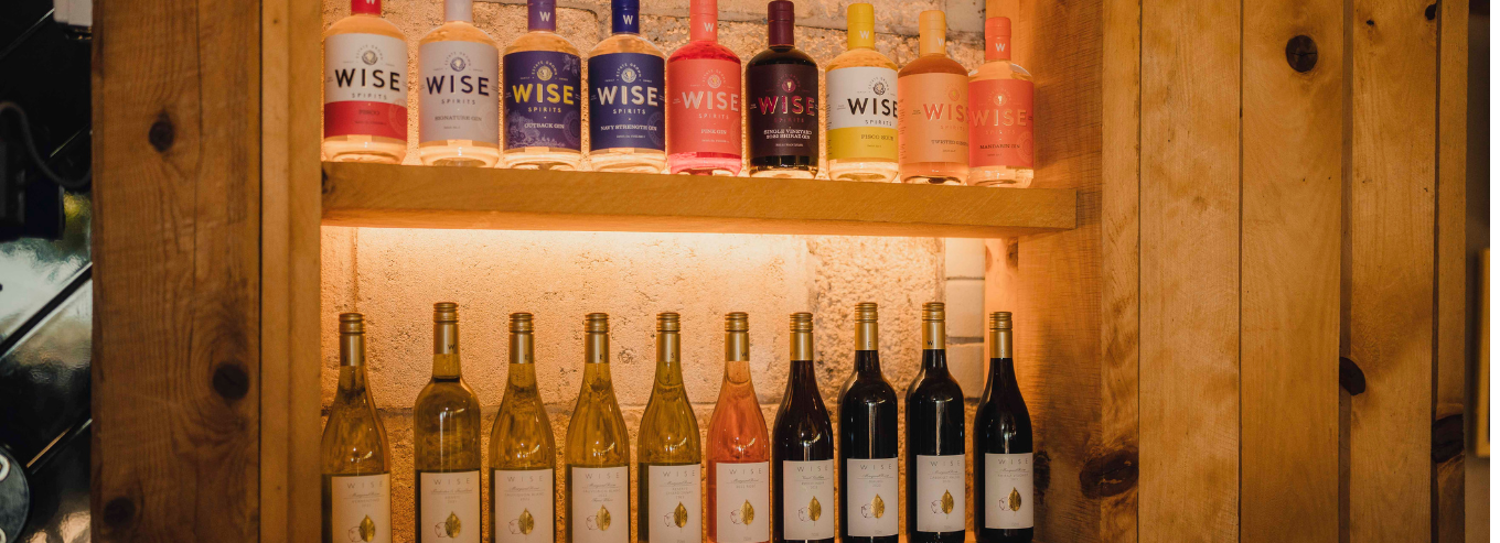 Display of Wise Wine wine bottles 